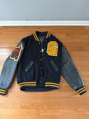 Gola Black and Yellow Wool Leather Sleeve Varsity Jacket